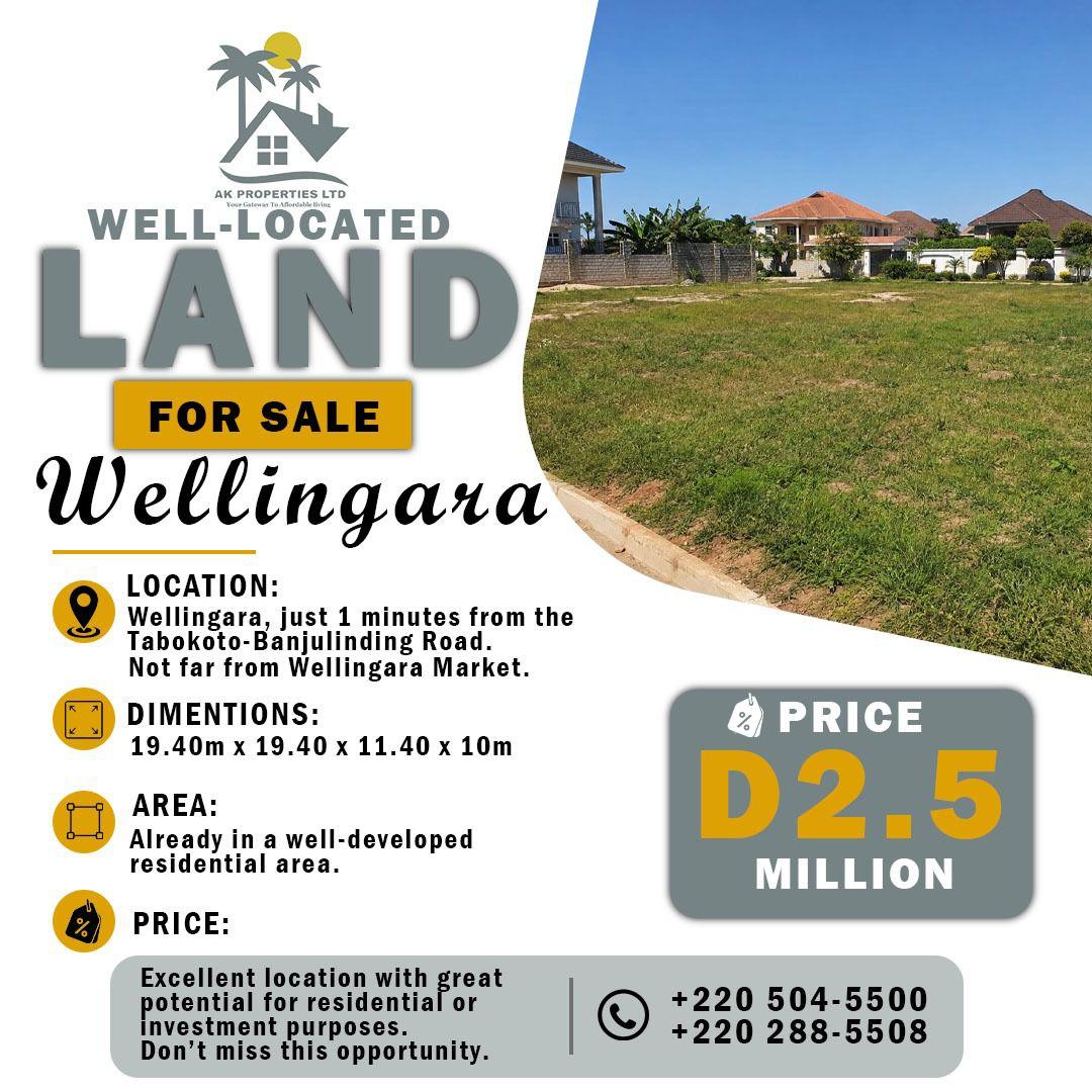 AK Properties Ltd marketing flyer: well-located land for sale in Wellingara, The Gambia - 19.40m x 19.40m x 11.40m x 10m plot in a developed residential area near Wellingara Market, priced at D2.5 million
